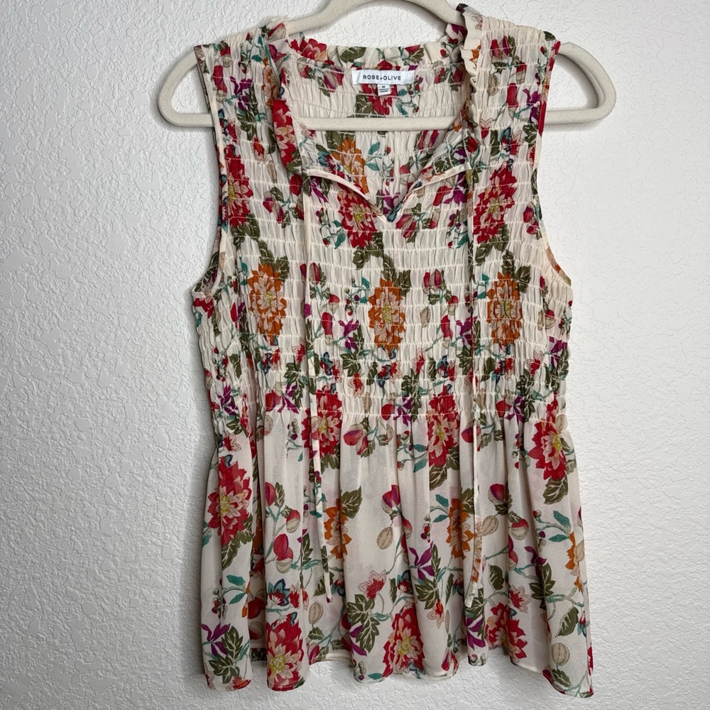 Rose + Olive Cream Floral Smocked Sleeveless Sheer Top, Size M